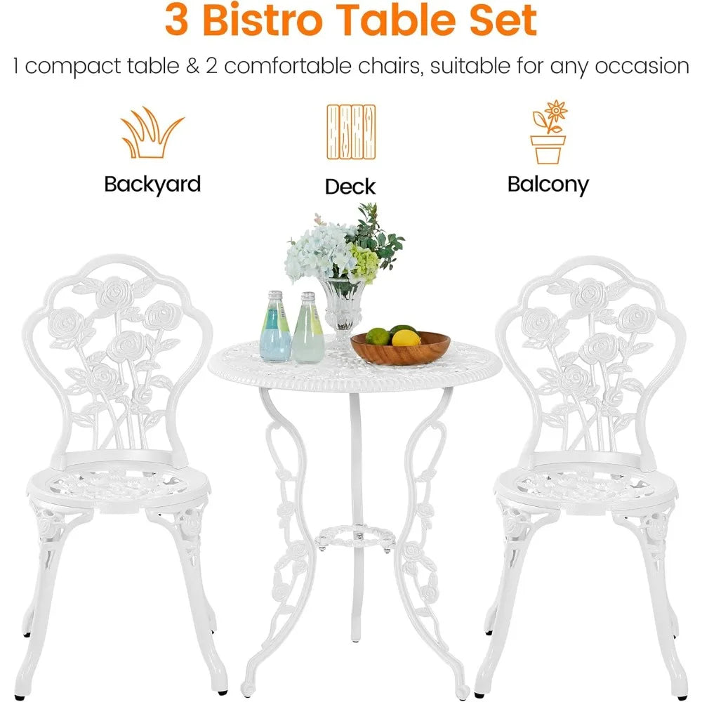 3-Piece Outdoor Bistro Set w/Rose Design, Rust-Resistant Cast Aluminum Table and Chairs w/Umbrella Hole for Balcony/Backyard