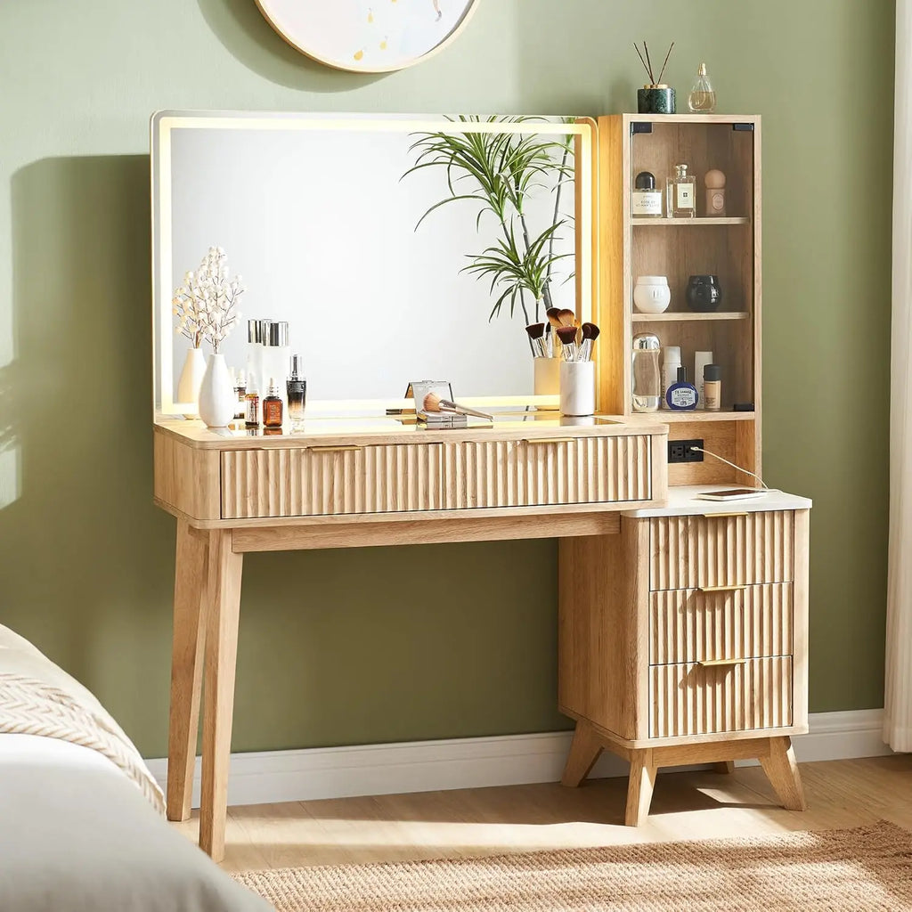 48" Fluted Makeup Vanity Desk with Large 36" Mirror and Lights, Modern Glass Top/ Big Vanity Table with 5 Drawers