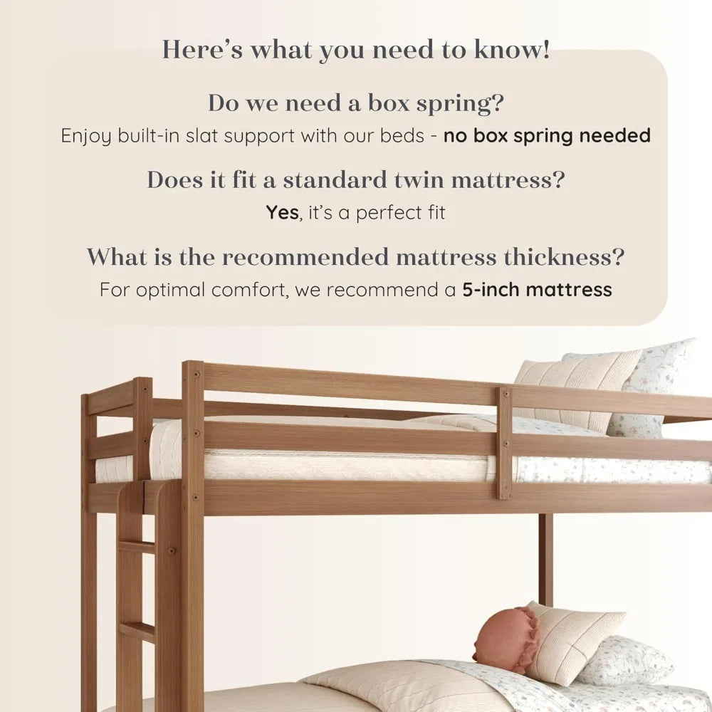 Durable Twin-Over-Twin Kids Bunk Bed with Plywood Construction, Ladder, Guardrail, and Slatted Support