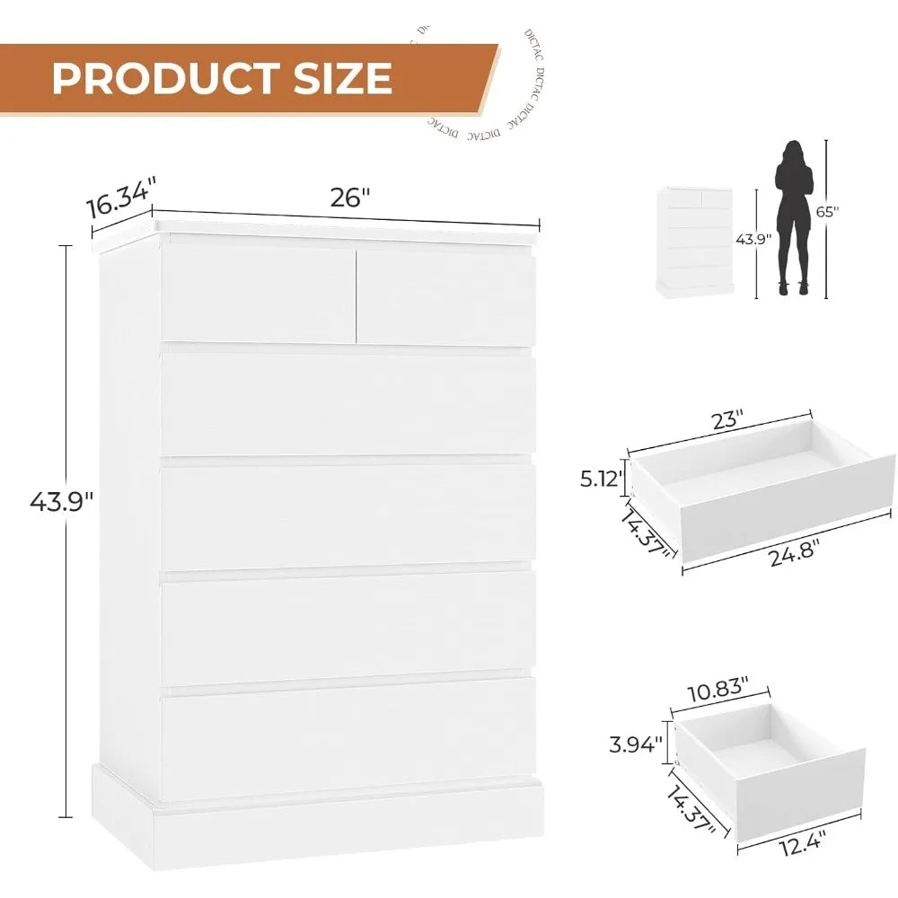 White Tall Dresser with 6 Drawers, 43.9" Tall Dressers & Chests of Drawers, Modern Wood Closet Organizer and Storage
