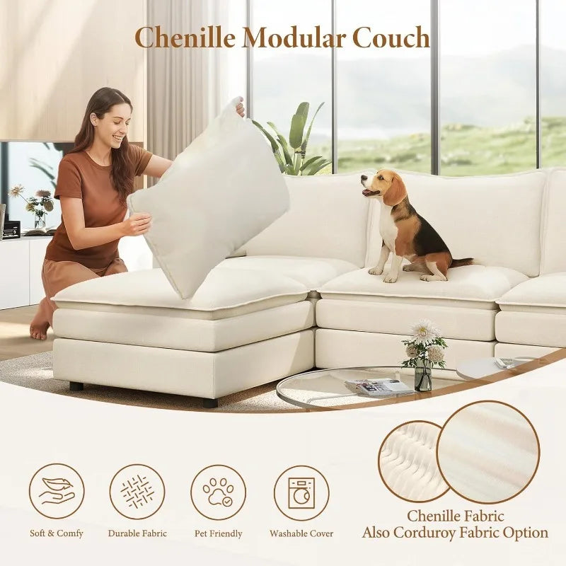 142" U Shaped Sectional Couch,with 2 Ottoman Deep Seat Chenille Modern Cloud Sofa, for Living Room, Bedroom and Apartment, Beige