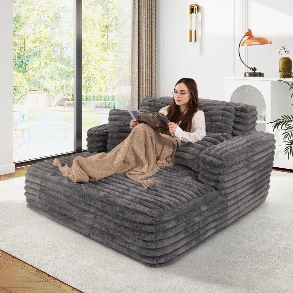 56"W Oversized Chaise Lounge Chair Indoor,Plush Faux Fur Sleeper Sofa Couch Bed with Pillows &Wide Armrest, Fluffy Comfy Cloud Soft