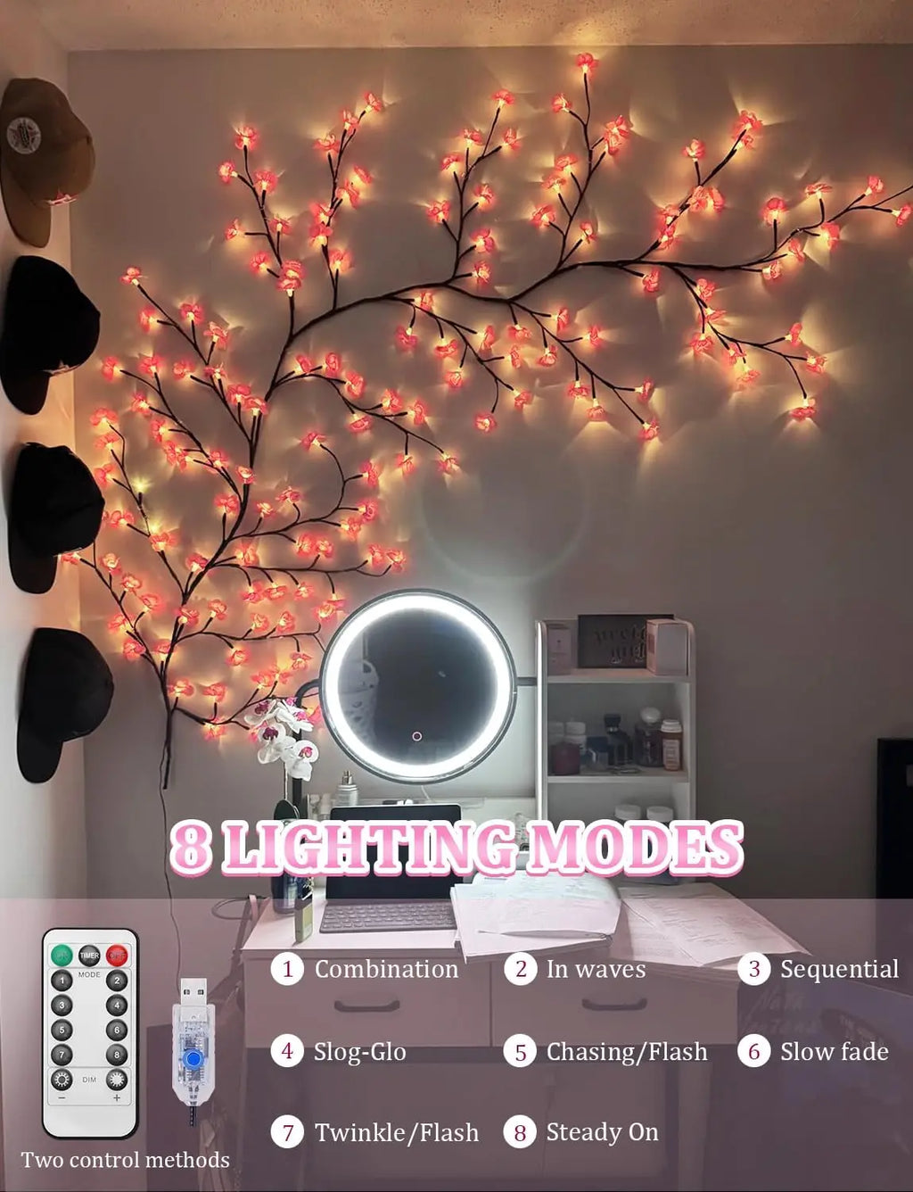 Cherry Blossom Lights for Bedroom Wall Decor, 4 FT 48 LED Dimmable Pink Decor with Remote Timer, 8 Modes, Romantic Gift for Her