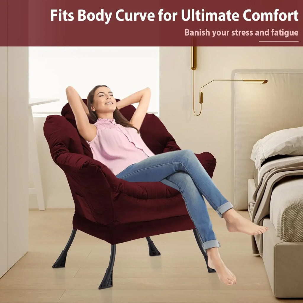 Lazy Chair Thick Padded, Accent Chair Velvet Upholstered with Wide Seat, Stable Metal Frame