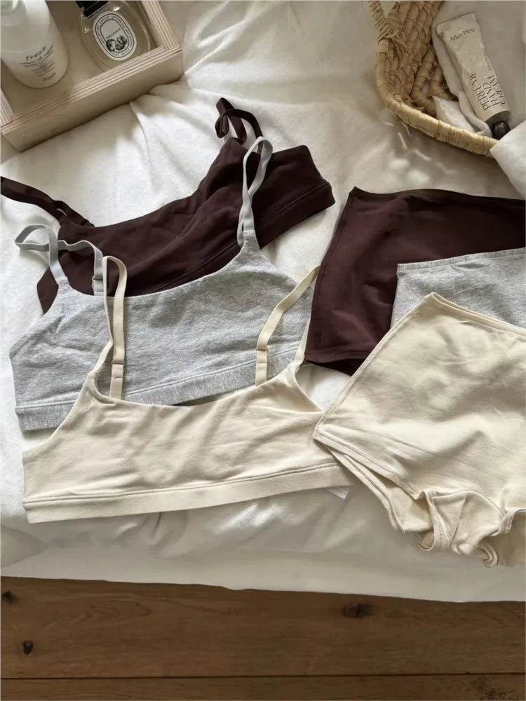 Simple High Elasticity Lingerie Sport Set/ Women Casual Cotton Adjustable-strap Seamless Bras/Low Waist Boxer Chic Briefs Sets