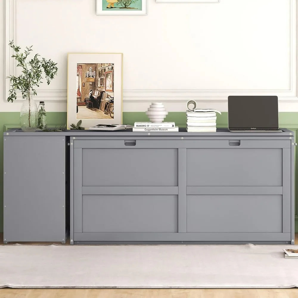 Queen Size Solid Wood Murphy Bed with 2 Storage Shelves and Rotatable Desk