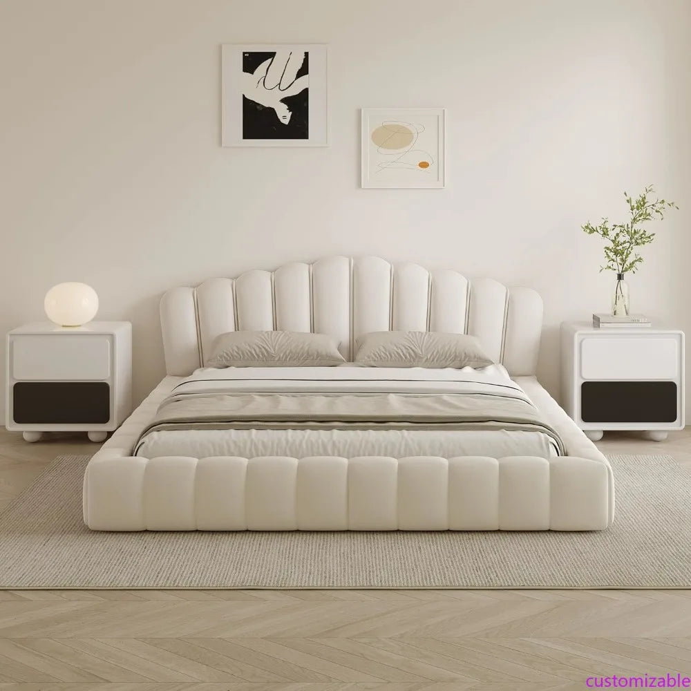 Queen Size Velvet Platform Bed Frame with Shell Headboard and All-Around Cushioning