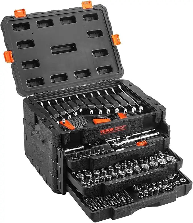 Complete 450-Piece Mechanics Tool Kit with 1/4, 3/8, and 1/2 Drive Deep and Standard Sockets in SAE and Metric