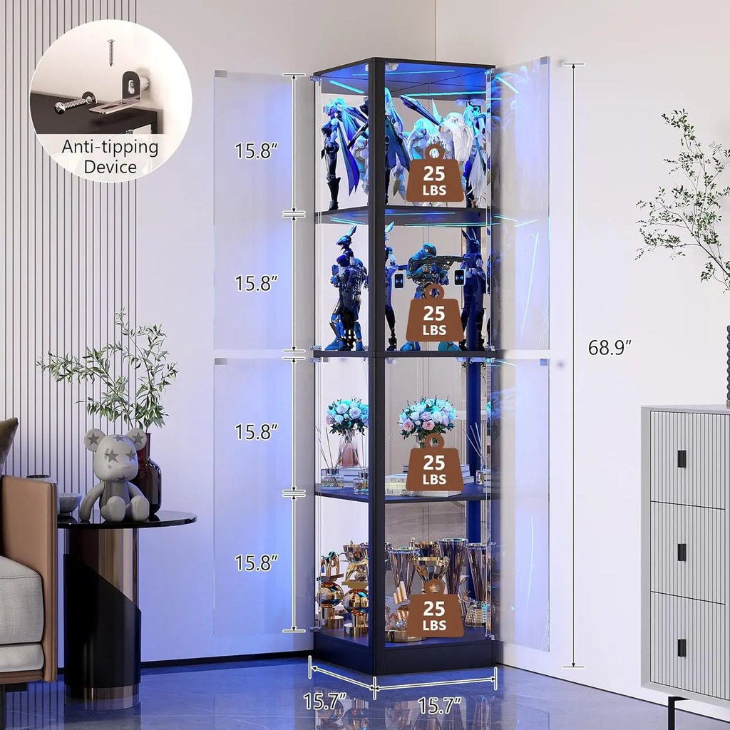 Display Cabinet with Glass Doors, 68" Corner Curio Cabinet with LED Lights, 4-Tier Glass Display Case for Collectibles/Toys