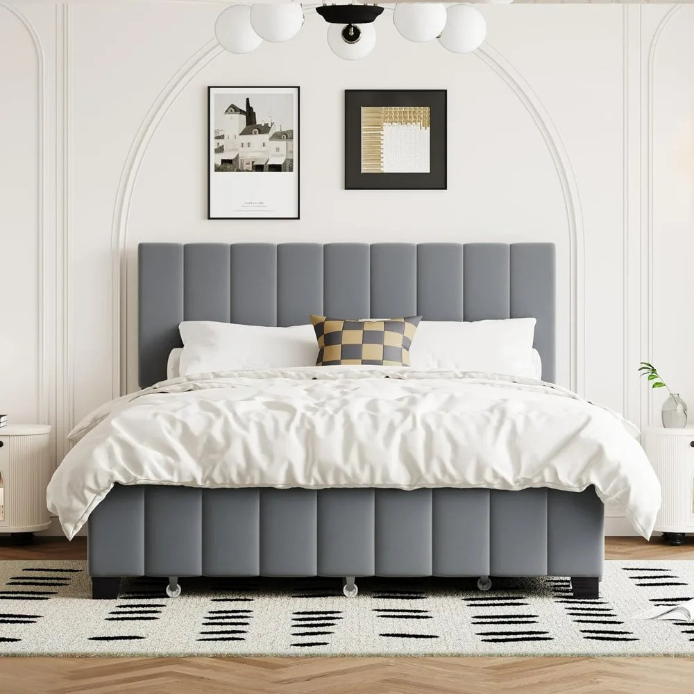 Queen Upholstered Platform Bed with Storage Drawers and Twin XL Trundle, Wooden Bed Frame, No Box Spring Needed