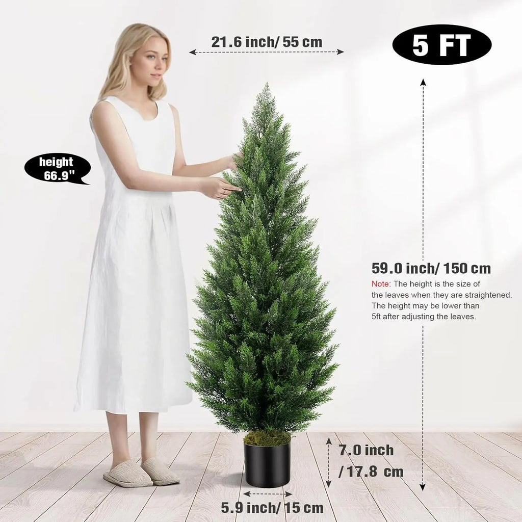 Artificial Topiary Cedar Trees 5FT Tall 2 Set, Outdoor Indoor Faux Pine Shrubs Plants, Realistic Fake Plants Front Porch Decor