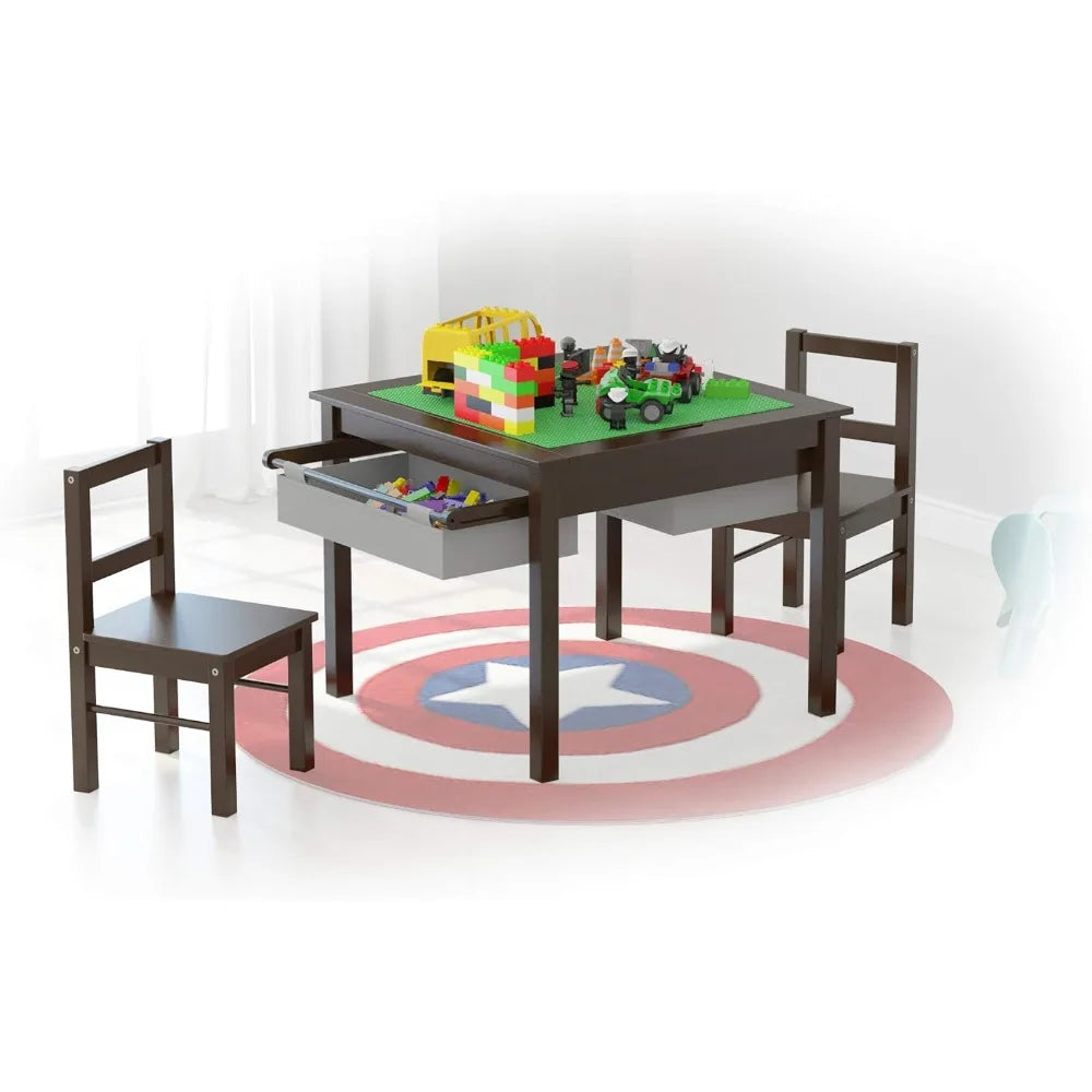 Wooden 2 in 1 Kids Construction Play Table and 2 Chairs Set with Storage Drawers, and Built in Plate for Lego and Dominos