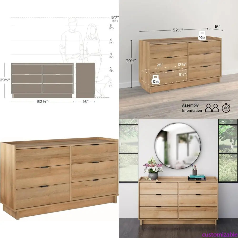 Customizable Contemporary 6-drawer Double Dresser For Master Bedroom, Sleek Storage Furniture, 52.5" W X 16" D X 29.5" H