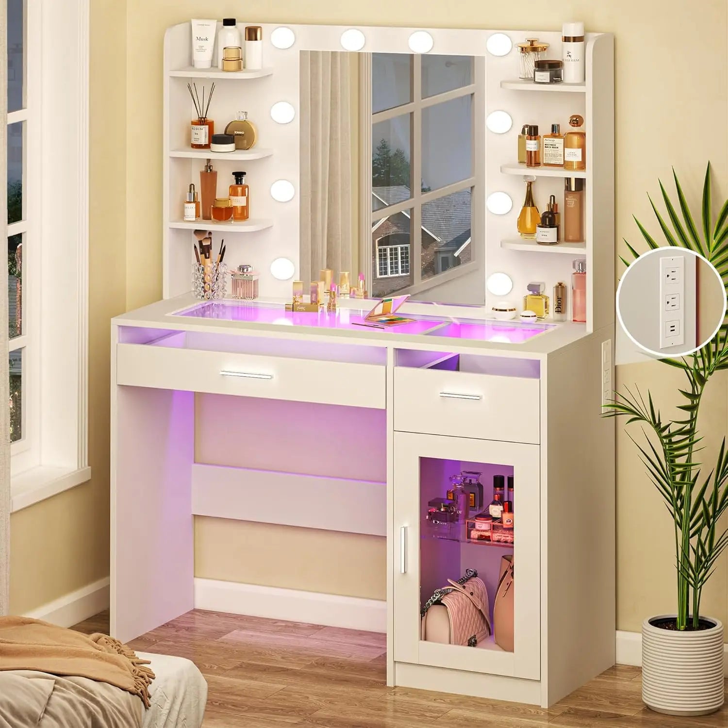 Vanity Desk with Mirror and Lights, Makeup Vanity Desk with Lights 3 Colors, Transparent Top Vanity with 2 RGB Drawers, 6 Shelve