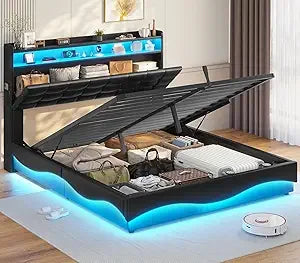 Lift Up Storage Queen Bed Frame with Type-C Charging Station & Hidden Storage Headboard, LED Lights Upholstered Platform