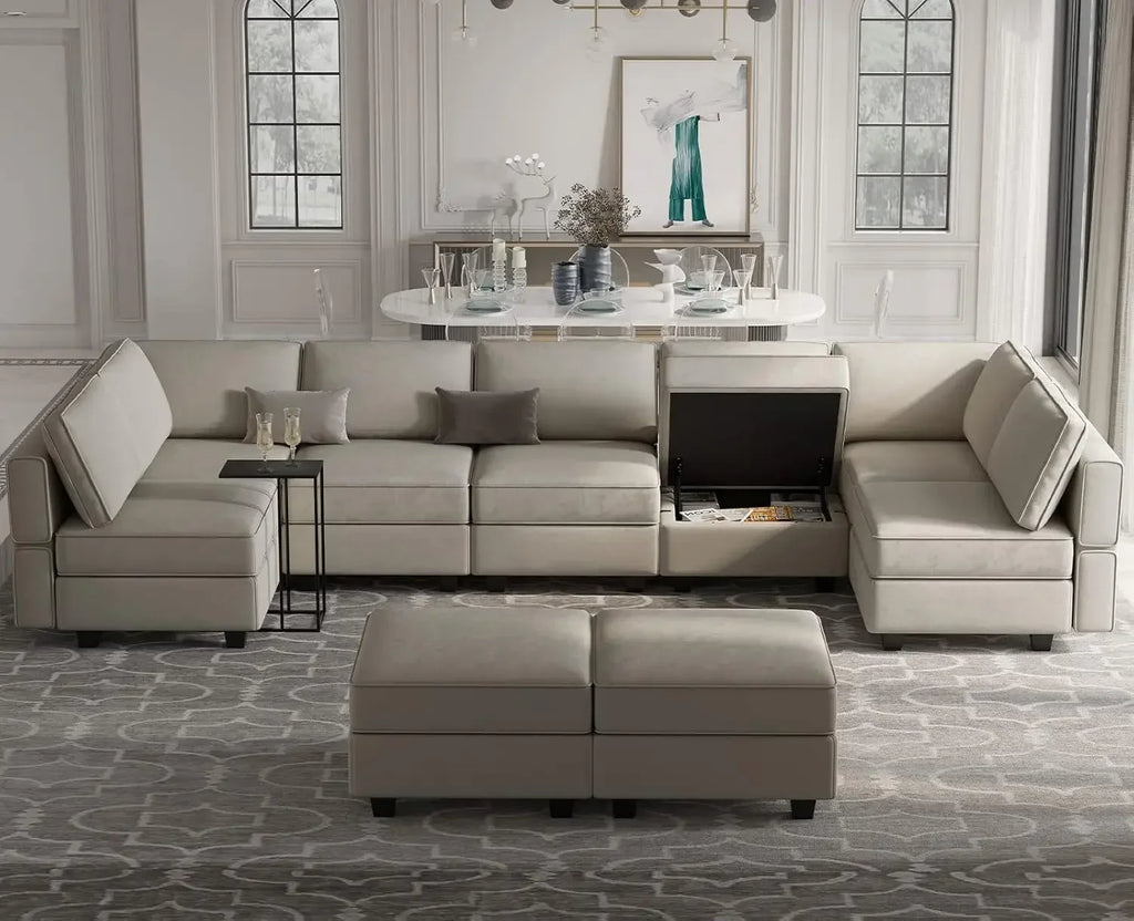 Reversible Velvet Modular Sectional Sleeper Sofa Bed with Ottomans, Storage and Chaise - Grey
