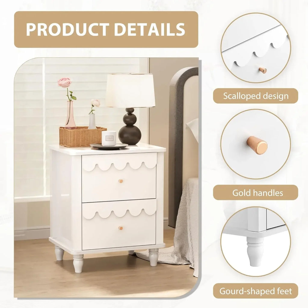 Nightstand Side End Table with 2 Drawers, Modern Wood with Petal Pattern for Bedroom