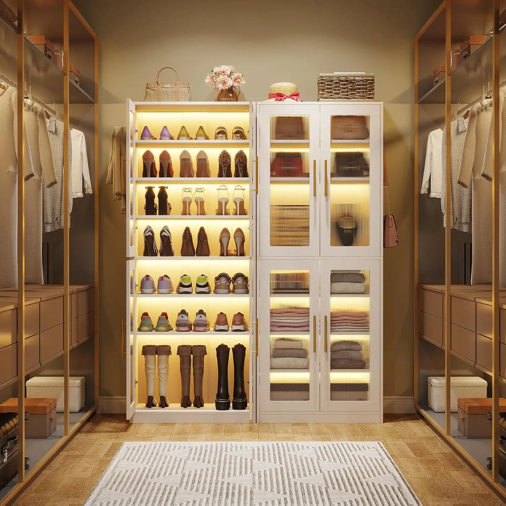 Tall Shoe Storage Cabinet with Acrylic Doors and LED Lights, 8-Tier Entryway Shoe Organizer Rack with Adjustable Shelves