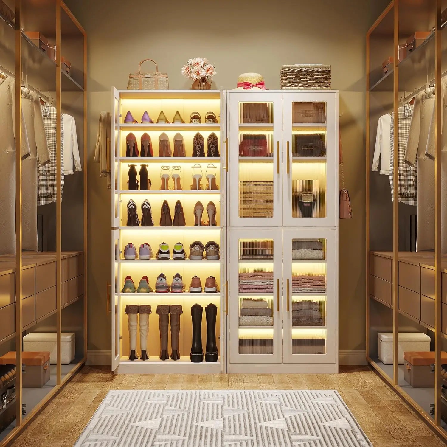 Tall Shoe Storage Cabinet with Acrylic Doors and LED Lights, 8-Tier Entryway Shoe Organizer Rack with Adjustable Shelves