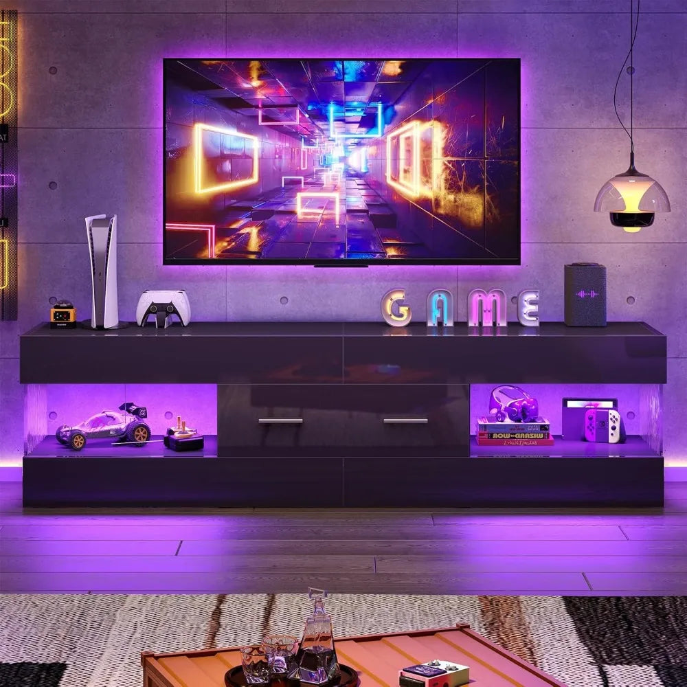 TV Stand for 55/60/65" TV, High Gloss Modern TV Stand with Stone-Patterned Side Panels, LED Entertainment Center