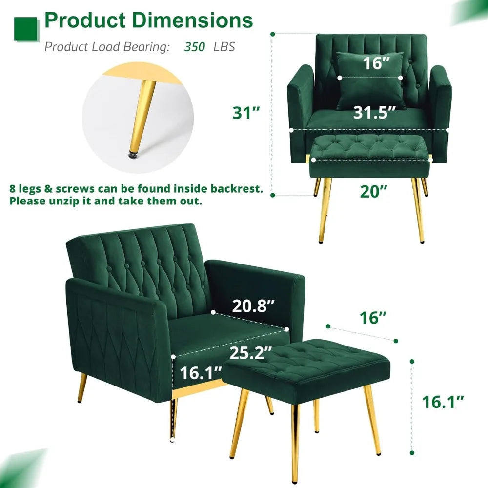Upholstered Reclining Chair/Ottoman with Adjustable Armrests and Back, Button-Tufted Relaxation Seat