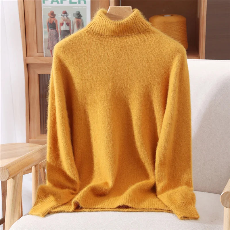 Autumn And Winter 100% Mink Cashmere Sweater, Ladies' High Lapel Solid Color Padded Pullover Wool Knitted Bottoming Shirt