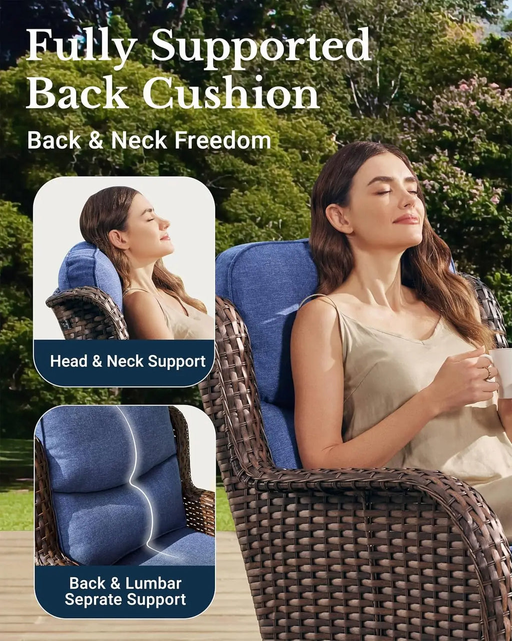 Luxury Patio Furniture Set with 6-inch Thick Cushion, Outdoor Couch and High Back Swivel Rocker Patio Chairs, 7PCS Wicker Set