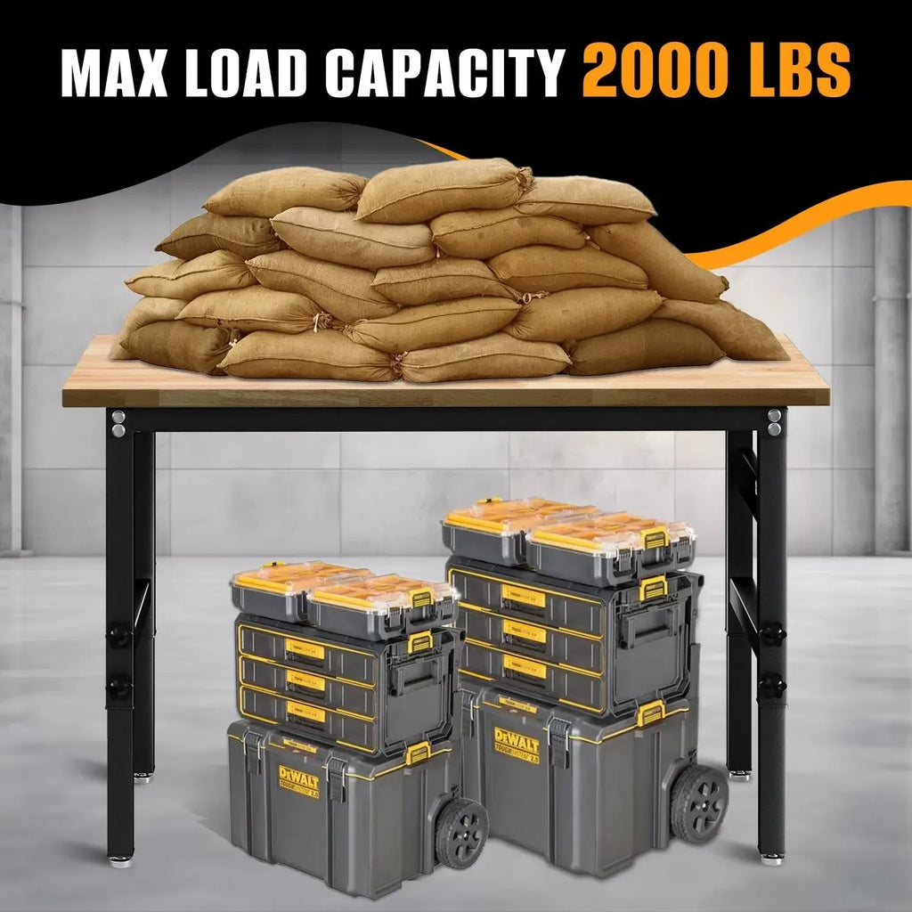 Customizable 48" Adjustable Workbench with Power Outlet, Oak Hardwood Top Heavy Duty Work Bench, Wood Workbench for Garage