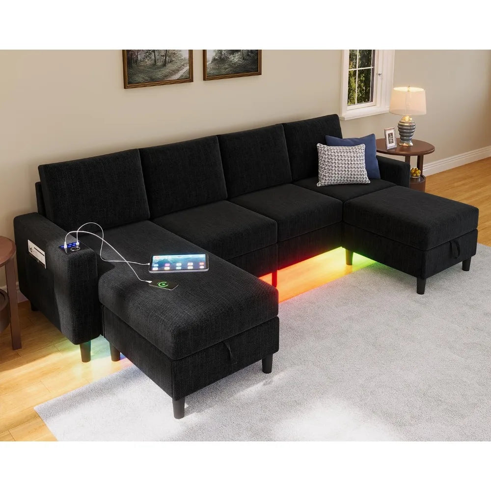 Smart Sectional Couches for Living Room, 6 Seat U/L Shaped Sectional Sofa with RGB Light/Charging,