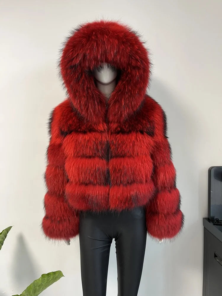 BEIZIRU Women's Real Raccoon Fur Coat Winter Long Sleeve Hooded Jacket with Turndown Collar/ Natural Luxury /Thick Top