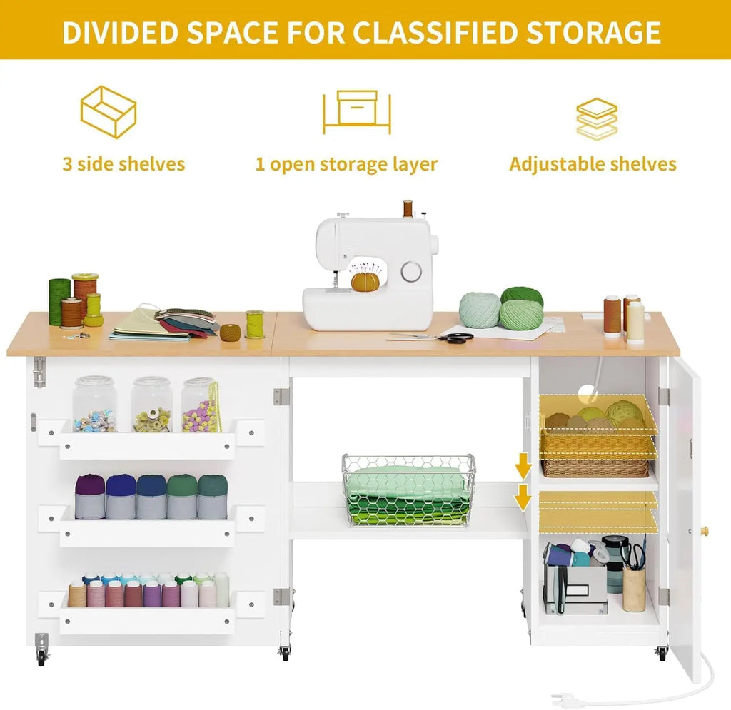 Folding Sewing Table w/Charging Station, Sewing Table with Storage, Multi-Craft Desk with Lockable Casters, Magnetic Doors