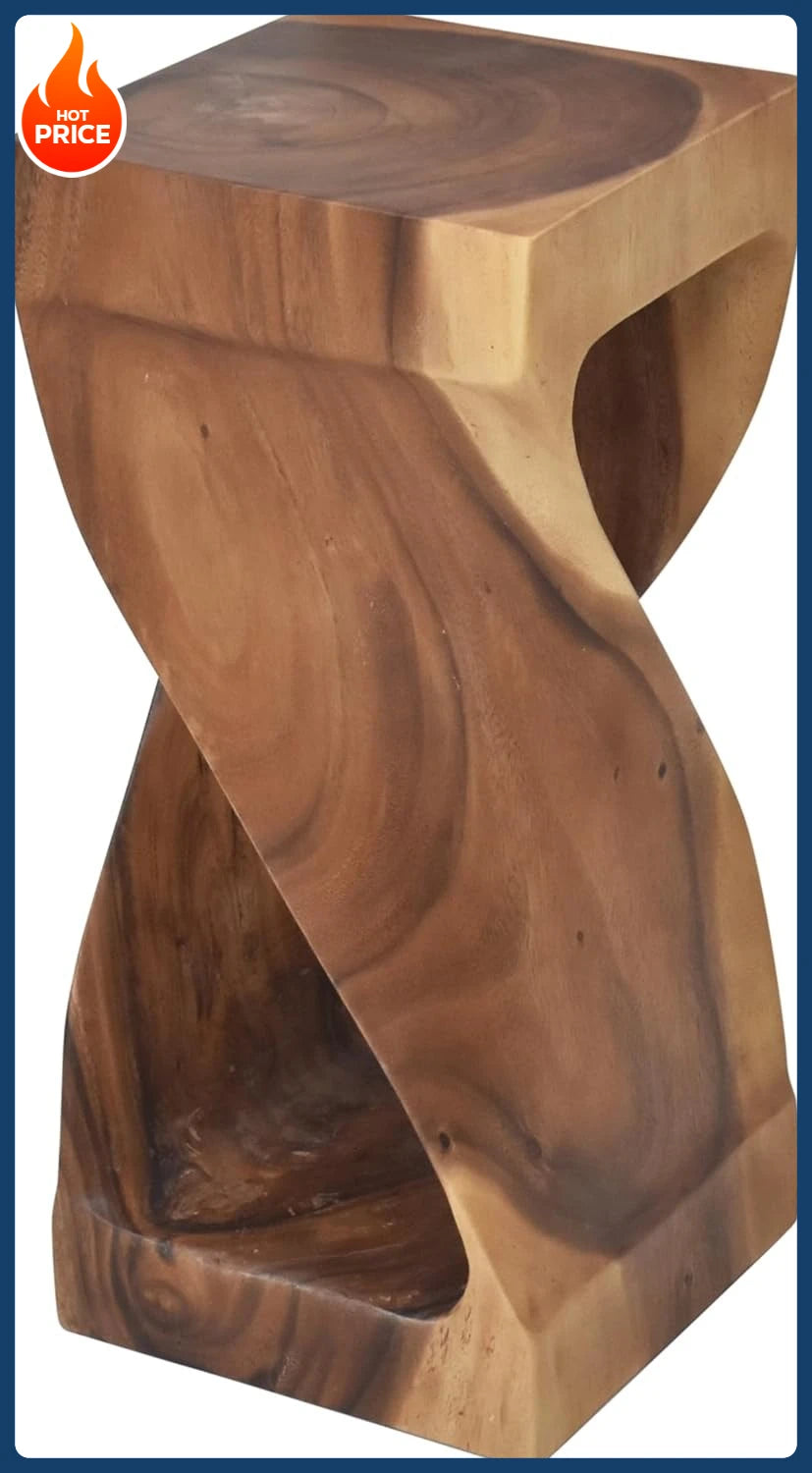 Furniture Solona Solid Wood Side Table, Acacia Whimsical Carved Design, Finish, Functional and Visually Alluring