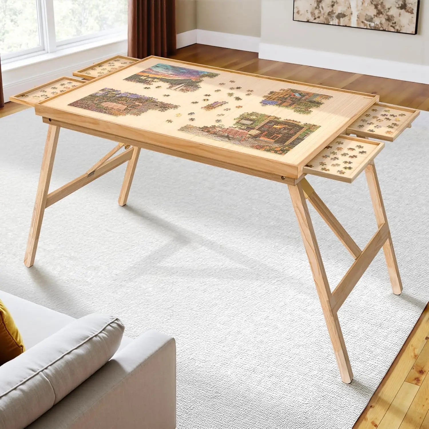 27.6" H Tall 2000 Piece Puzzle Table with Legs, 41" W x 28.5" D Large Wood Folding Jigsaw Puzzle Board with Cover for Adults
