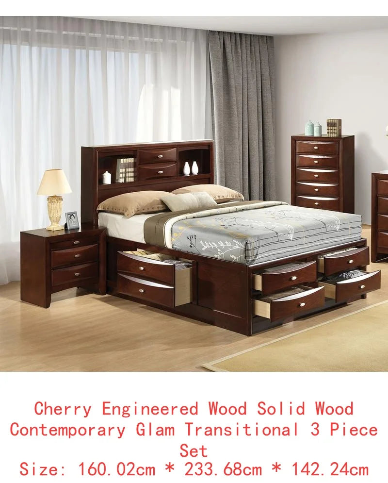 Contemporary King Size Bed with Footboard Drawers & Headboard Bookcase in Cherry Finish