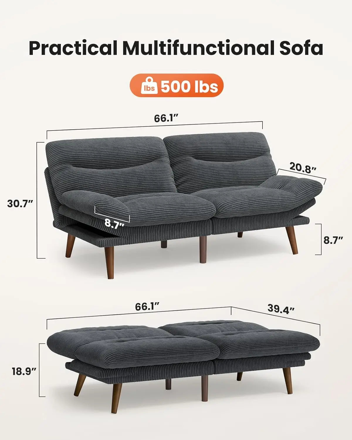 Futon Sofa Bed, Couch with Adjustable Backrest & Armrests, Convertible Futon Sofa Couch