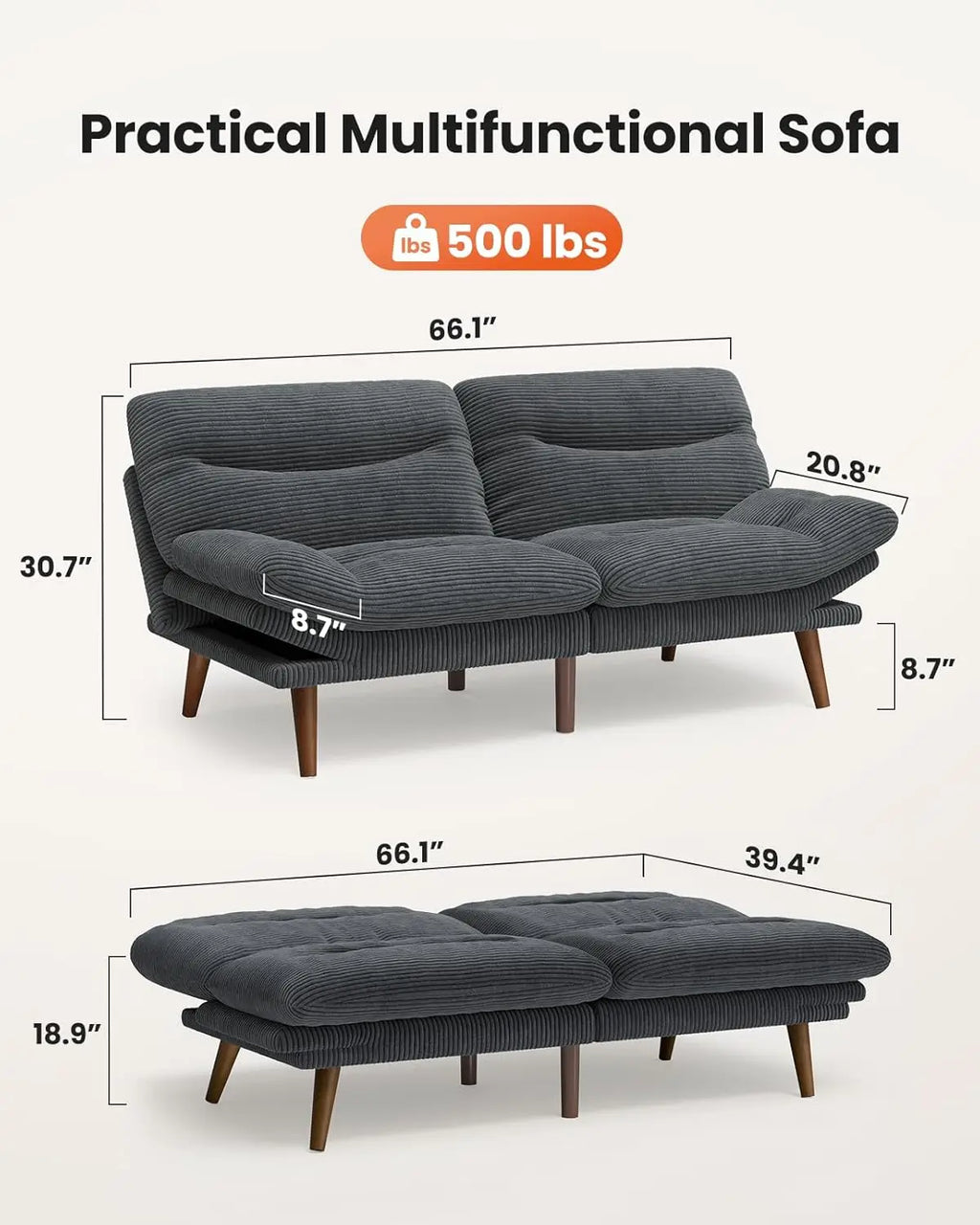 Futon Sofa Bed, Couch with Adjustable Backrest & Armrests, Convertible Futon Sofa Couch