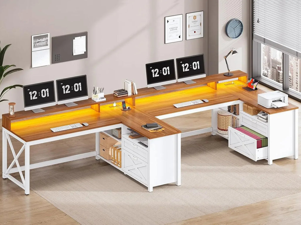 High Quality  Farmhouse L Shaped Desk, 55" Home Office Desk with Drawers and Storage Shelves, L Shaped Gaming Desk with LED Lights