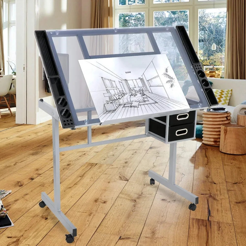 Adjustable Drafting Table, Art/ Desk Drawing Table Versatile Art Craft Work Station Glass Tabletop w/2 Slide Drawers and Wheels