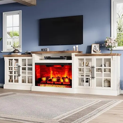 97" Farmhouse TV Stand with 33" Fireplace for TVs up to 100", Media Entertainment Center with Large Storage Cabinet