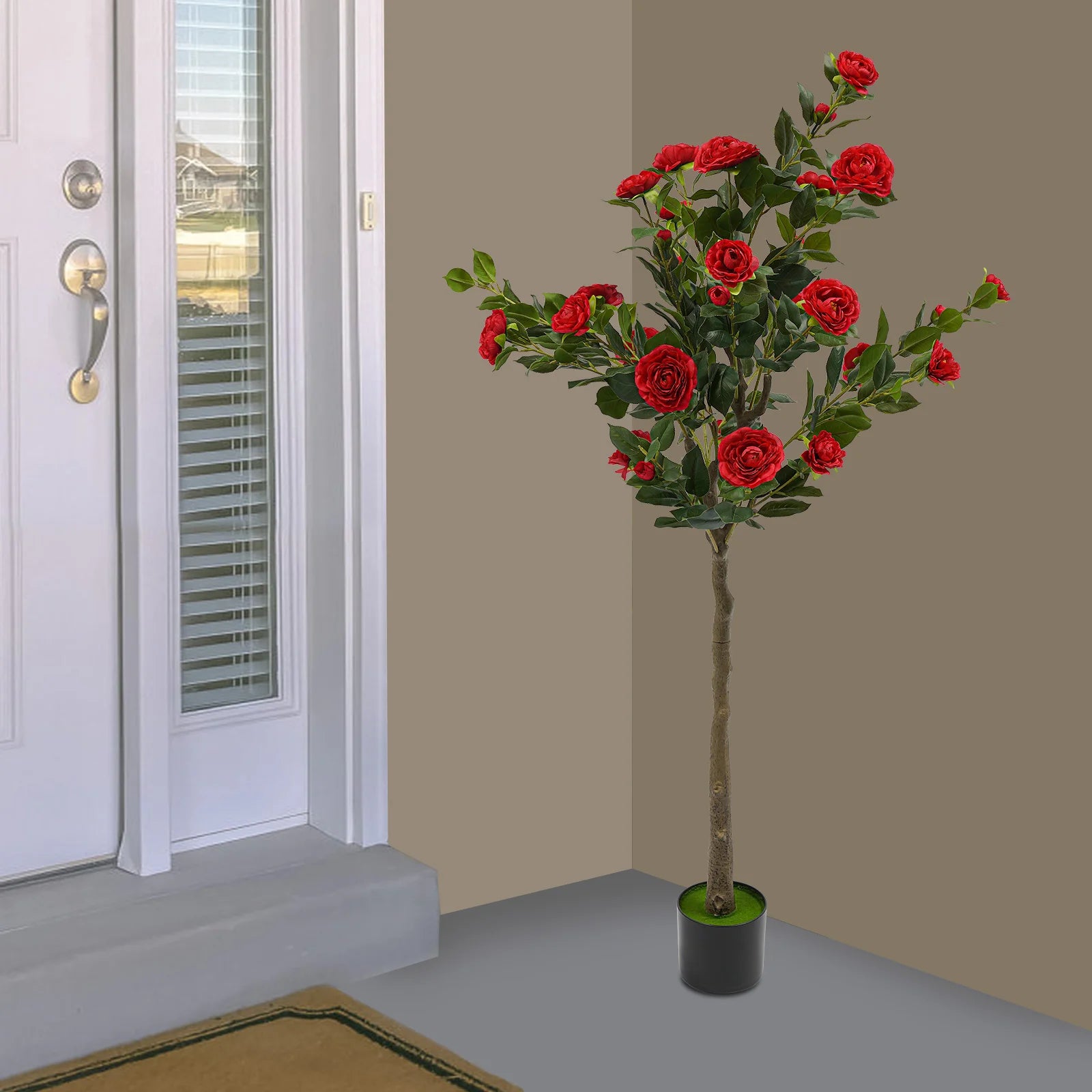 Simulated Tree Camellia Plant In Pot/ Lifelike Trunk/ Red Artificial Camellia Trees for Balconies/Shopping Malls/Exhibitions