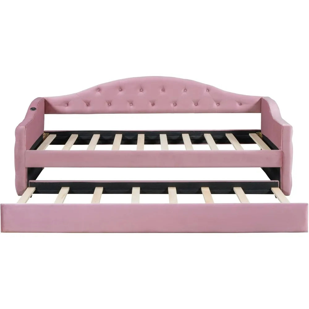 Twin Velvet Daybed with Trundle and Tufted Sofa Bed, USB & Type-C Ports Included