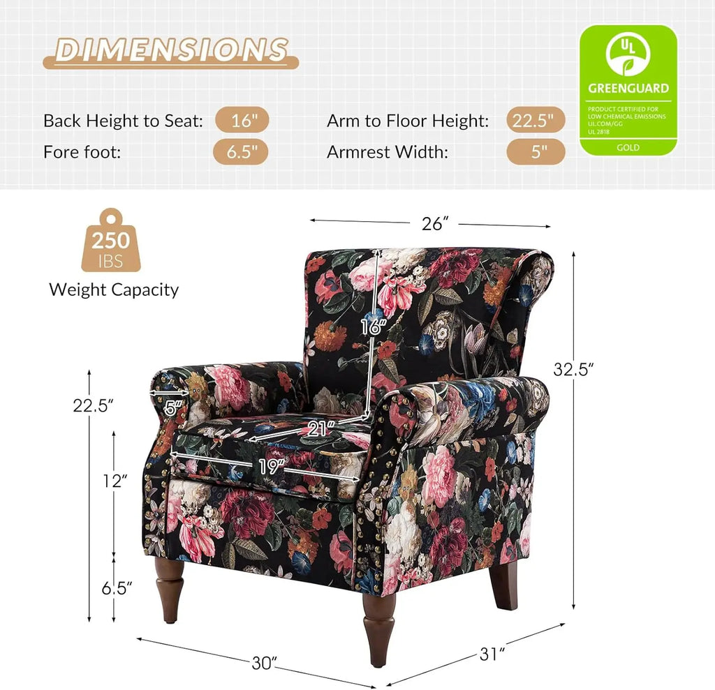 Modern Wingback Accent Chair with Wood Legs & Removable Cushion, Comfy Upholstered Armchair with Nail Head Trim
