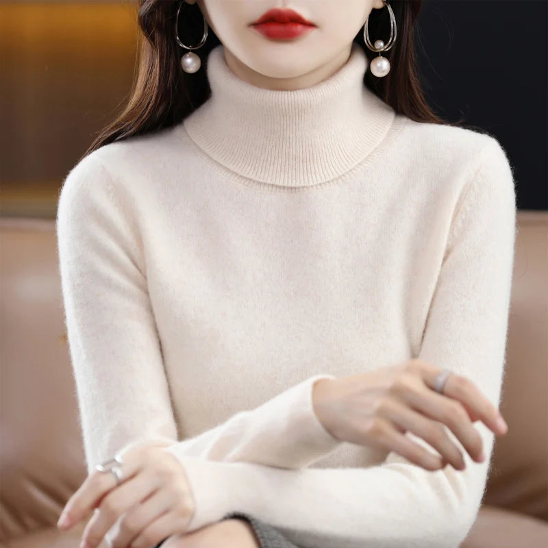 100% Merino Wool Cashmere Sweater Women Knitted Sweater Turtleneck, Long Sleeve Pullovers Autumn/ Winter Clothing