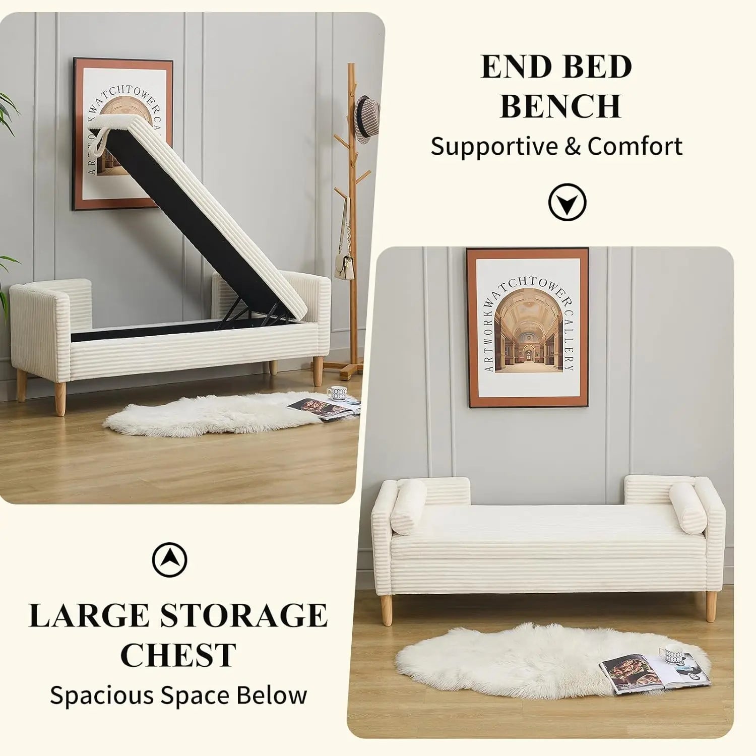 65" Large Storage Ottoman Bench with 2 Pillows, Corduroy Upholstered Entryway Bench