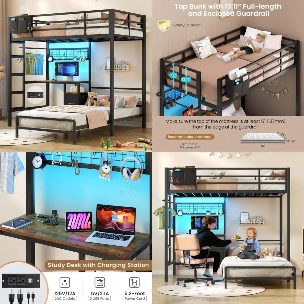 Metal L-Shaped Twin over Twin Bunk Bed with Desk, LED Lighting, and Charging Station