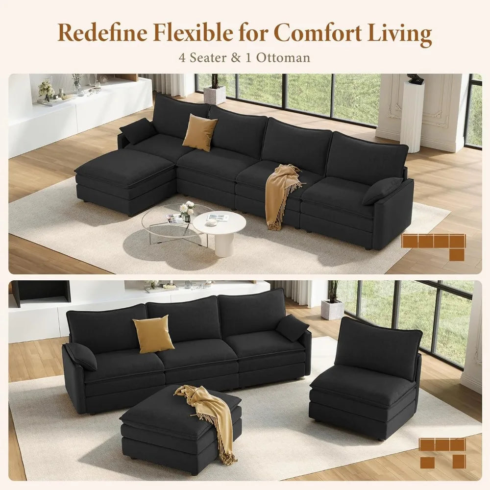 142" Cloud Couch Sectional Modular Sofa, Comfy Sectional Couch with Ottoman Deep Seat Chenille L Shaped Sofa, Modular Couches