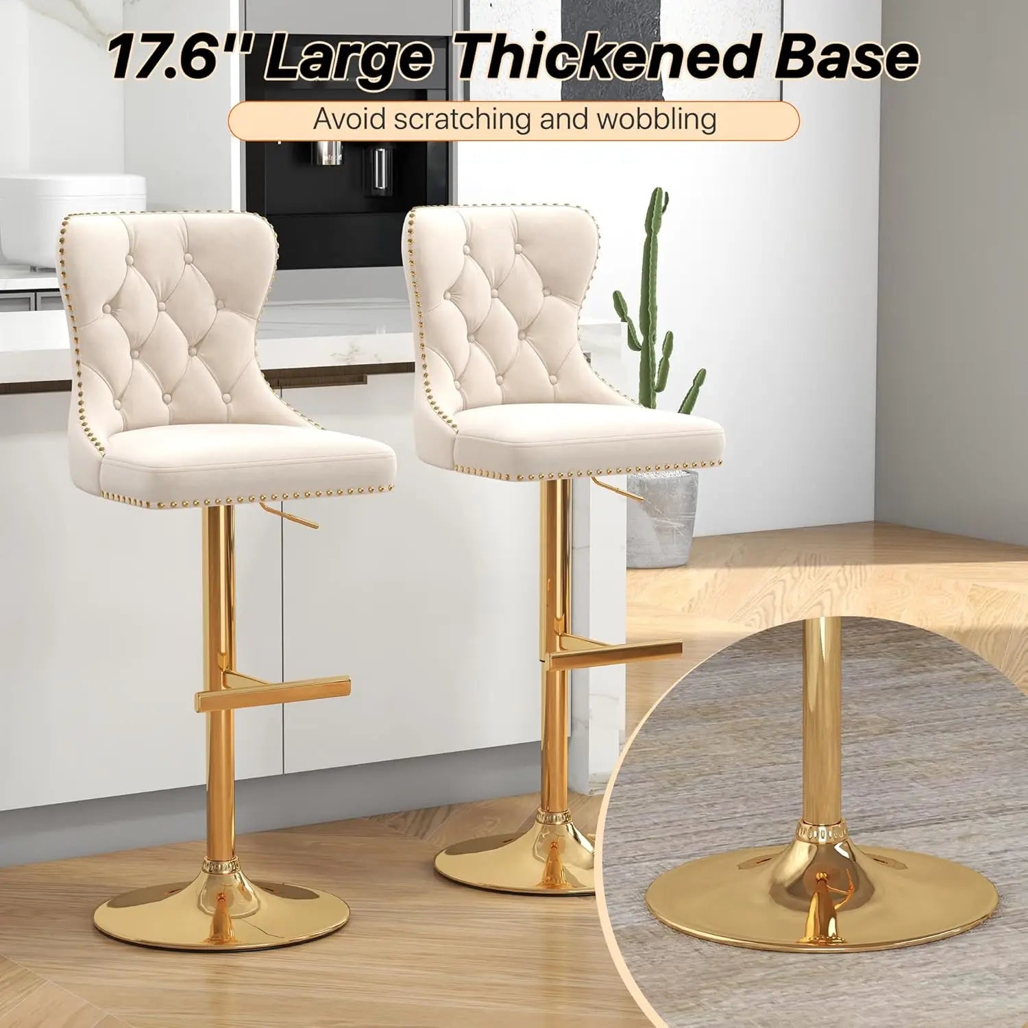 Bar Stools Set of 2, Velvet Swivel Counter Height Stoolsk, Adjustable Seat with Nailheads Trim, Upholstered Bar Chairs