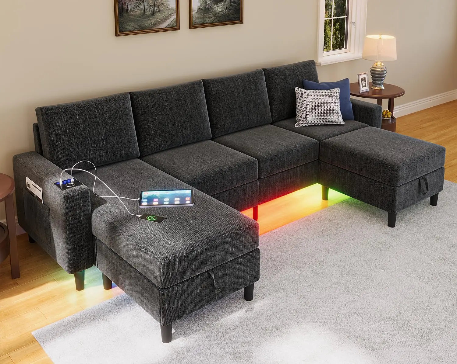 Smart Sectional Couches for Living Room, 6 Seat U/L Shaped Sectional Sofa with RGB Light/Charging,
