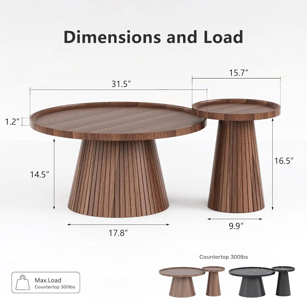 Nesting Coffee Table Set of 2, Mid Century Modern Coffee Table with Wood Grain Veneer, Fluted Round Tea Table