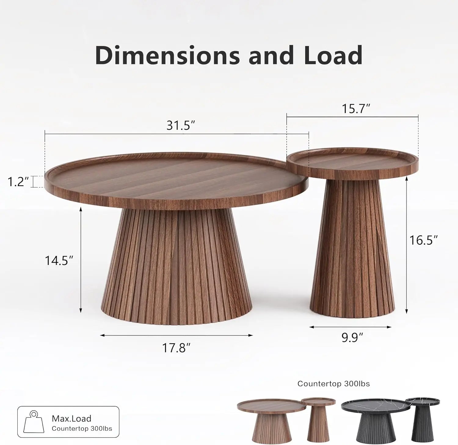 Nesting Coffee Table Set of 2, Mid Century Modern Coffee Table with Wood Grain Veneer, Fluted Round Tea Table
